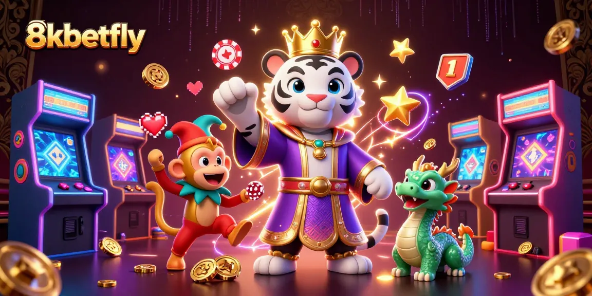 Engage in gaming excitement at 8xbetfly, featuring a dynamic casino scene with a tiger and monkey.