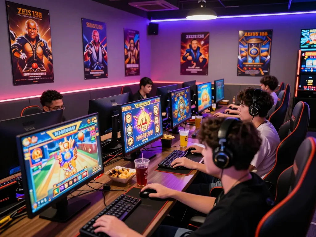 Exciting online gaming atmosphere showcasing enthusiastic players enjoying slots on Zeus138 platform.