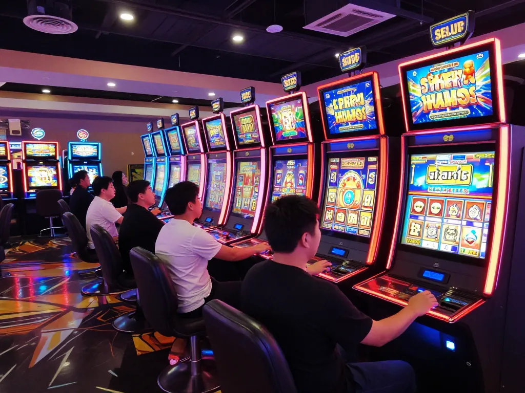 Experience the excitement of situs slot machines in a bustling casino atmosphere, with players engaged and colorful displays.