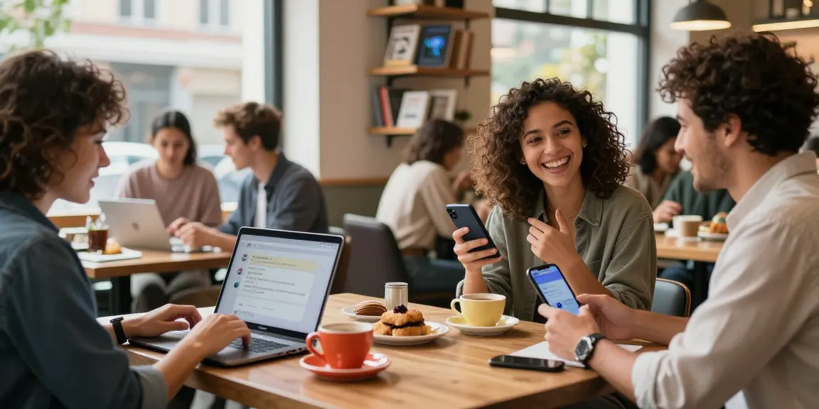 Engaging scene of individuals enjoying ai spicy chat in a vibrant café setting, showcasing technology and social interaction.