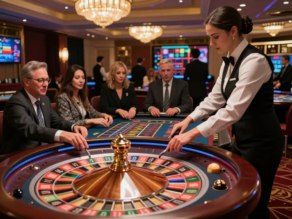 Engaging moment at KK55's roulette table, players excitedly watching the spinning wheel during a luxurious casino experience.