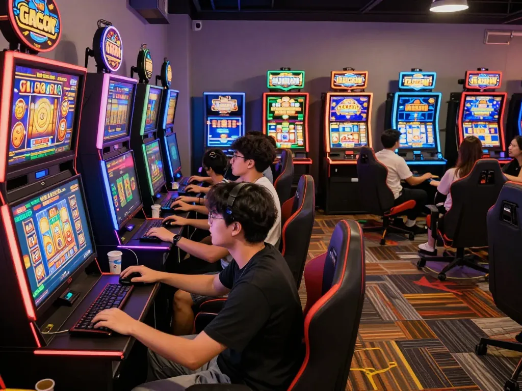 Teman-teman menikmati pengalaman bermain slot gacor hari ini yang mendebarkan di sebuah lounge yang cerah.