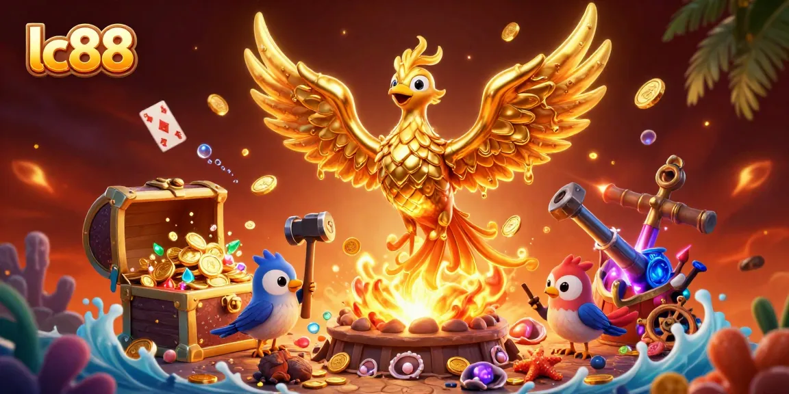 Join the excitement at lc88 with a golden phoenix summoning treasures from the casino's depths.