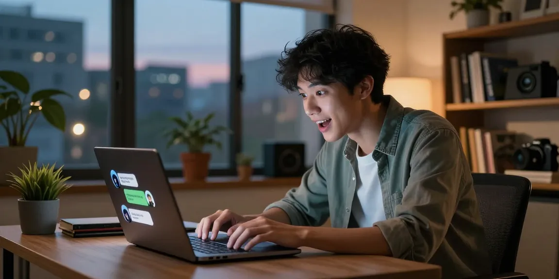 User engaging in an ai chat nsfw session on a laptop in a cozy home office.