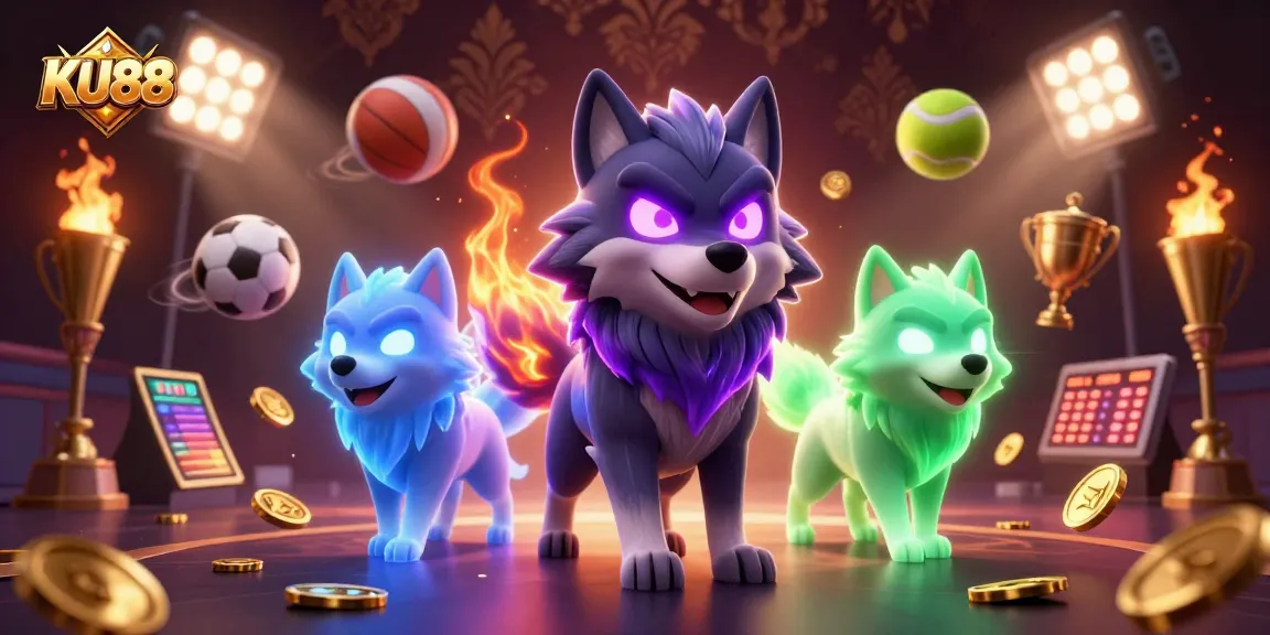 KU88 offers thrilling sports betting, featuring dynamic 3D wolves and vibrant game elements.