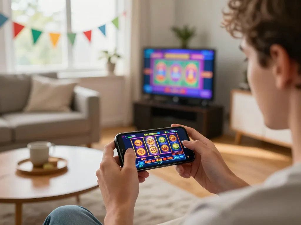 Engaging in responsible gaming on UGDEWA's slot machine app with a vibrant mobile interface.