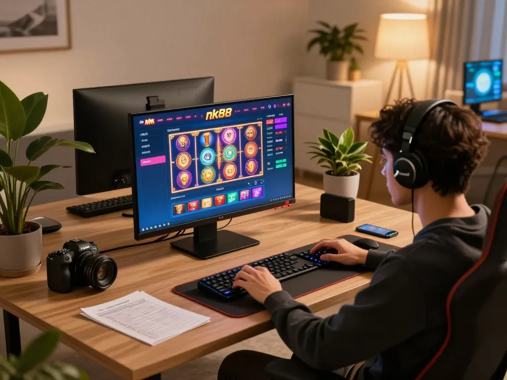 An engaging online gaming setup featuring nk88 interface with vibrant slot games and cozy decor, perfect for responsible gambling.
