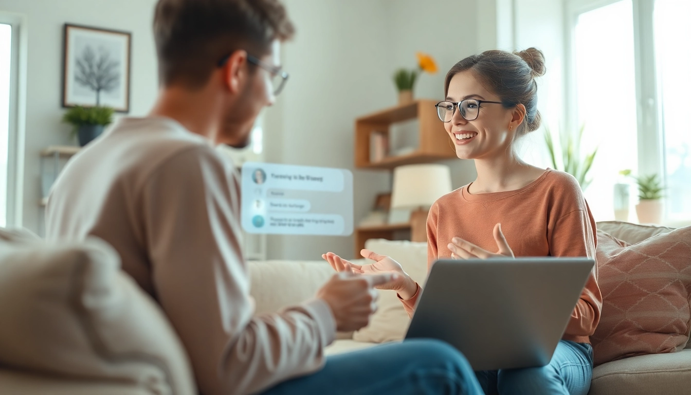 AI girlfriend interaction in a cozy home, showcasing warmth and connection.