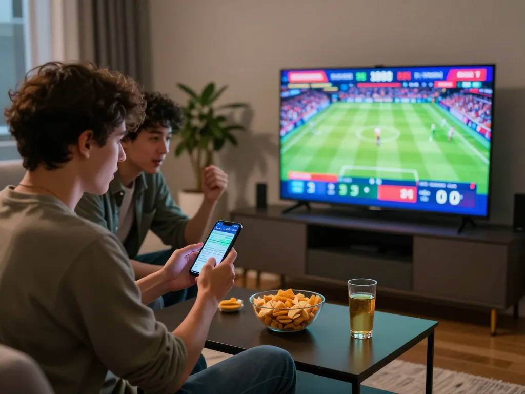 IDNSCORE bets being analyzed by friends during intense sports action at home, showcasing excitement and strategy