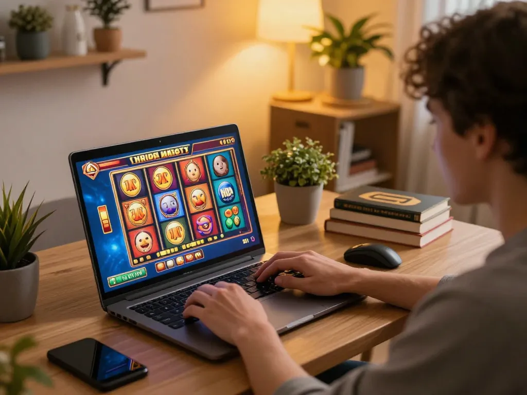 Engaging online slots gaming experience with cozy home atmosphere and vibrant graphics.