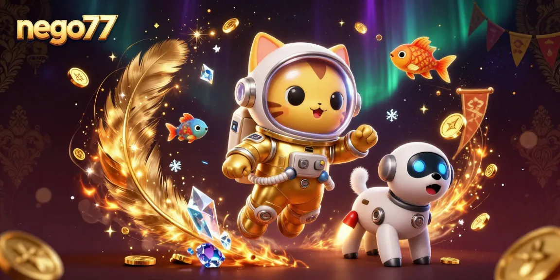 Nego77 elevates your winning chances with a vibrant 3D space-themed casino illustration.