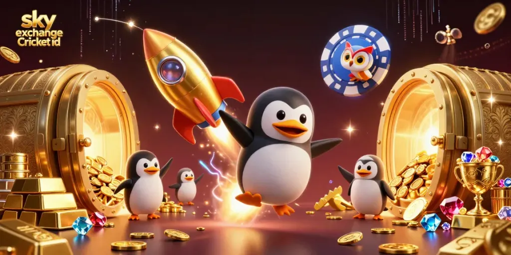Winning at sky exchange Cricket id with a golden penguin and casino space station, lively and colorful.