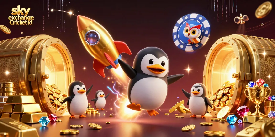 Winning at sky exchange Cricket id with a golden penguin and casino space station, lively and colorful.