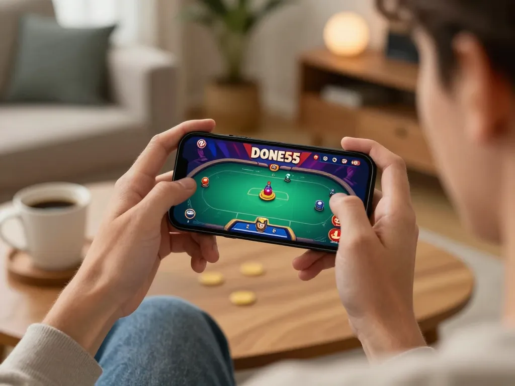 Engaging moment of a user playing Done55 game on smartphone at home, showcasing vibrant poker graphics.