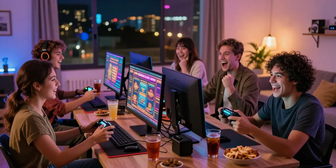 Exciting scene of friends enjoying online casinos that accept credit cards together, showcasing vibrant game screens and a cozy atmosphere.