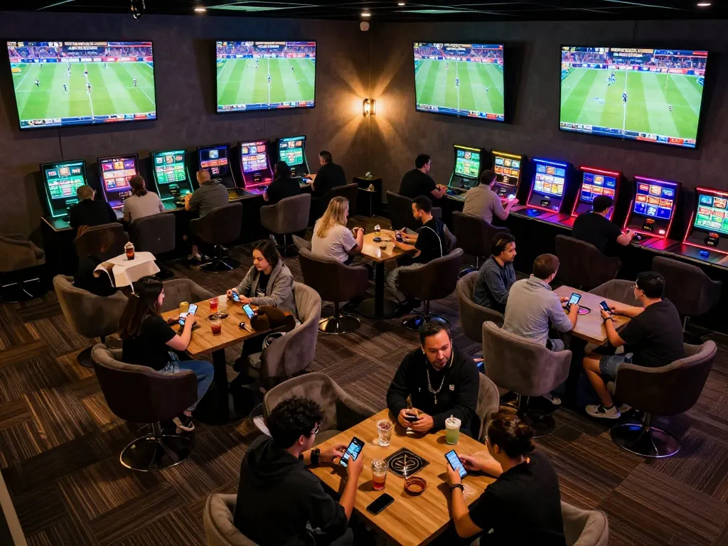 Engaged bettors placing wagers on sports with excitement at net88's modern betting lounge.