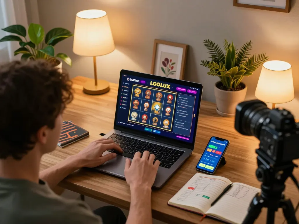 Engaged player at their home using LGOLUX slot game interface on laptop with strategic planning materials.
