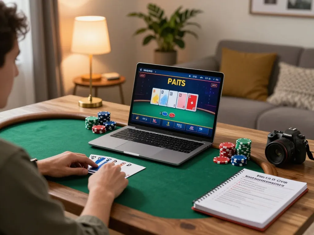 cm88viet player strategizing in home poker game with laptop and notes visible.