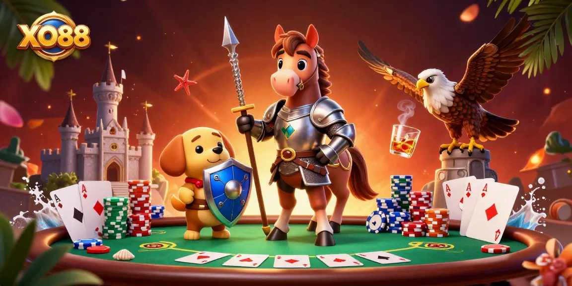Engage in thrilling games at XO88 with knights and fun casino elements in a vibrant scene.