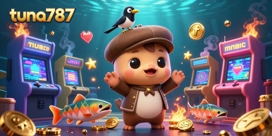 Mainkan permainan slot seru di tuna787 dengan karakter ikan berwarna-warni dan mesin arcade 3D.