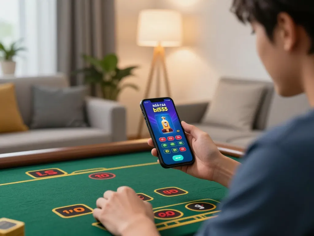 Person experiencing exciting gameplay with Nhà cái bl555 on mobile app, showcasing relaxed gaming setup.