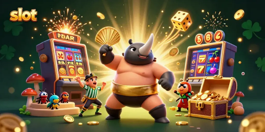 Experience the thrilling slot action with cartoon beetles amidst a jackpot explosion of coins and vibrant colors.