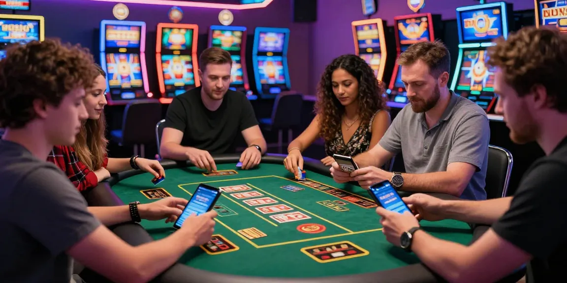 Engaged players at credit card casinos at https://thebls.org.uk enjoying games with mobile devices and cards.