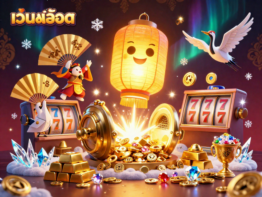 Experience เว็บสล็อต thrills with a giant golden lantern spirit and dynamic casino elements filled with gems and treasures.