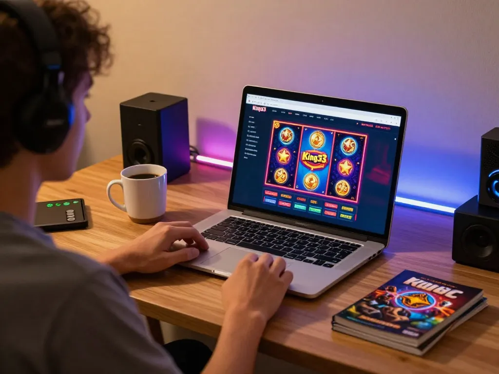 Player engaging with King33 online casino on laptop, showcasing dynamic gaming experience.