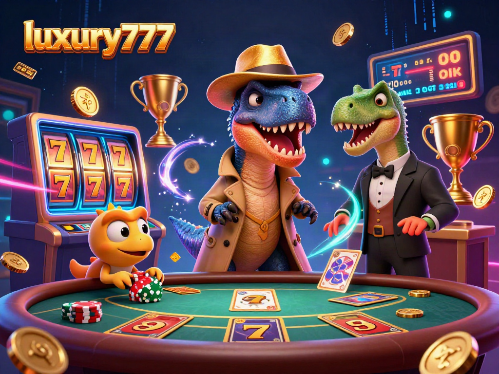 Luxury777 menawarkan suasana permainan kasino yang seru dengan karakter dinosaurus yang unik.