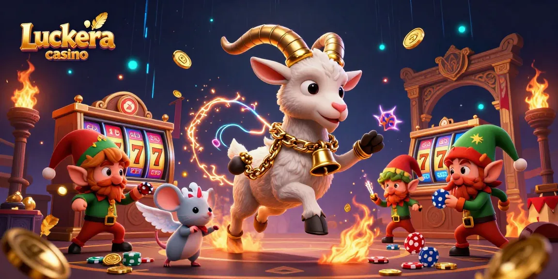 Experience Luckera casino excitement with a festive Krampus and mischievous elves in a vibrant casino scene.