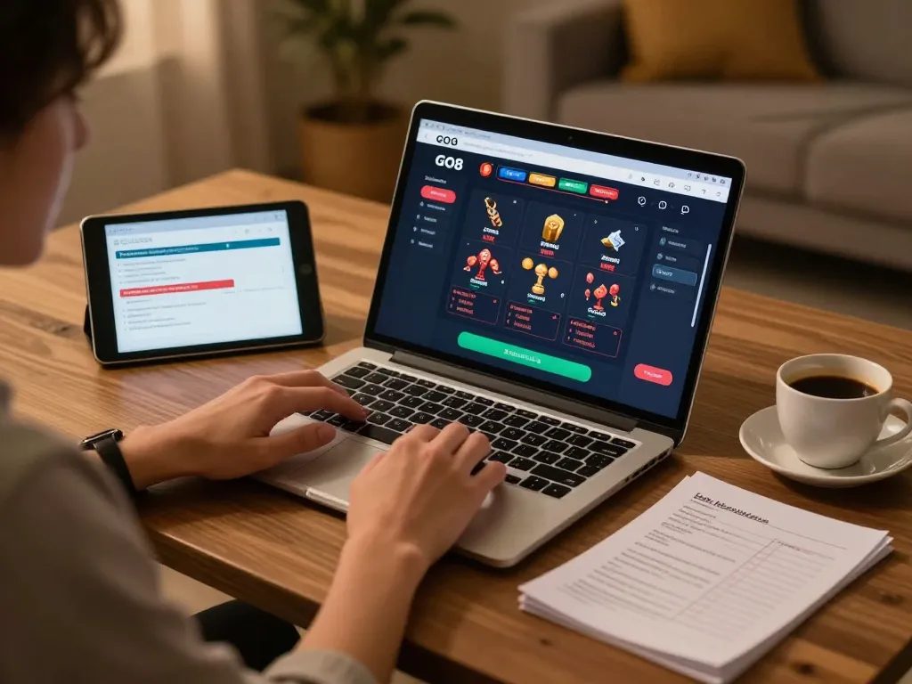 Person engaging in online gaming at home with the GO8 trang chủ interface visible, enjoying a strategic experience.