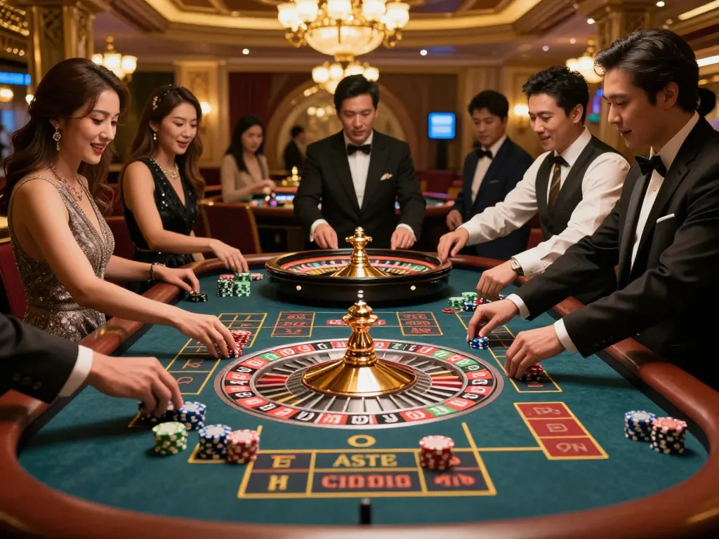 Engaging players at a roulette table celebrating their wins with du88 chips in stylish casino.