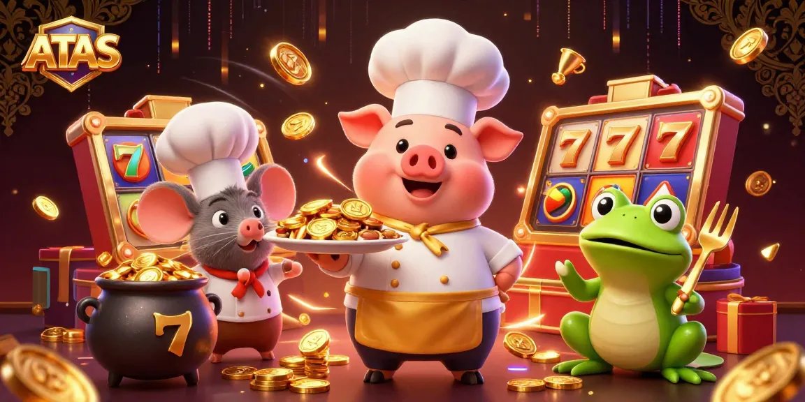 Engage in thrilling slot action at ATAS with cartoon characters celebrating wins through vivid golden rewards.