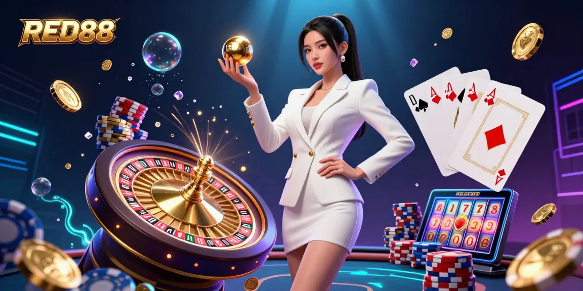 Experience the thrill of RED88 with a dynamic casino scene featuring vibrant game elements and stylish characters.