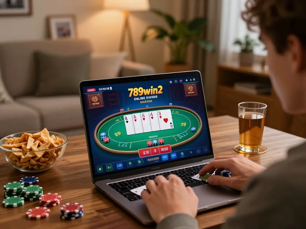 Engaging with the 789win2 online casino on a laptop in a cozy home setting.