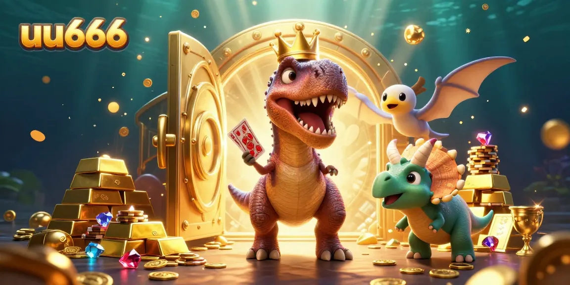 uu666 casino-themed scene with a T-Rex shuffling cards, a pterodactyl holding cards, and a triceratops stacking chips.