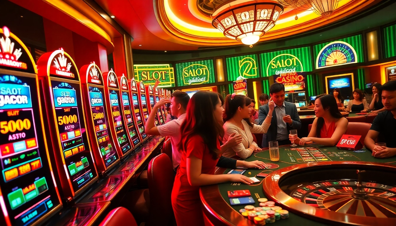 Thrilling slot gacor machines lighting up the casino with players celebrating wins and excitement.