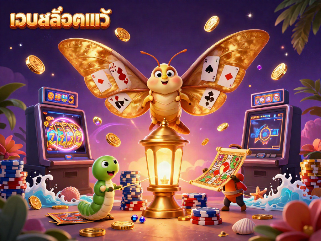 Engage with เว็บสล็อตแท้ as you spin lucky slot machine reels amid cascading coins and gems.