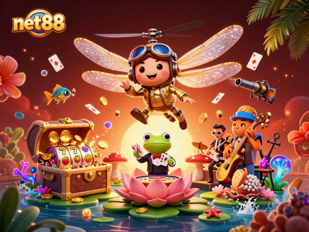 The net88 casino scene features a dragonfly pilot and frog dealer amidst lively gaming action.