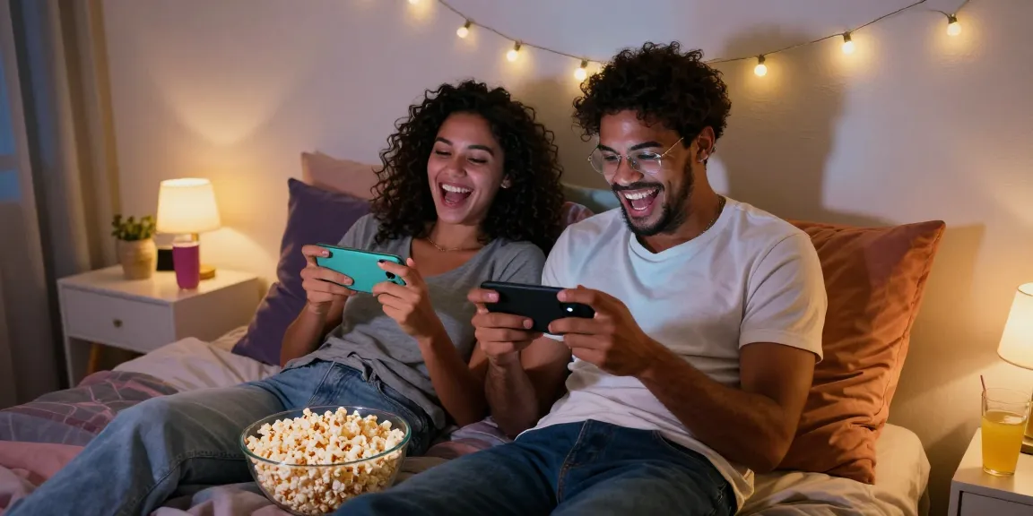 Couple enjoying mobile hentai games together in a cozy bedroom, highlighting the fun of gaming.