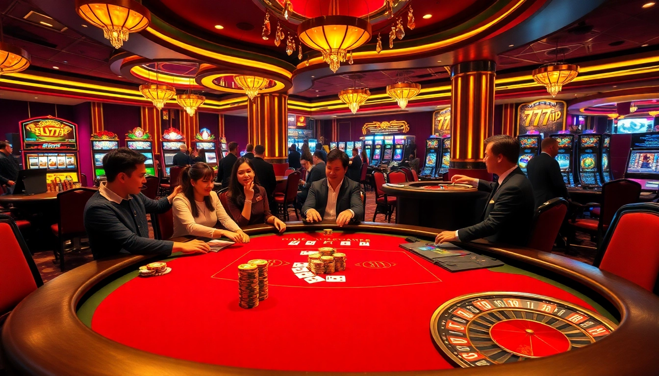 Excited players enjoying a poker game at 777vip casino with vibrant chips and cards.