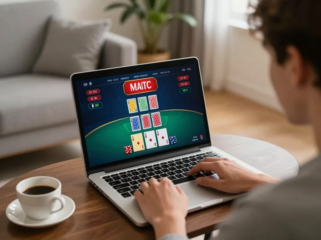 Nego77 player enjoying blackjack online in a cozy living room setting, focusing on strategic gameplay.