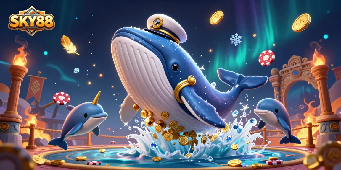 SKY88 features a vibrant casino-themed scene with a whale, narwhal, and dolphins engaging in a festive atmosphere.