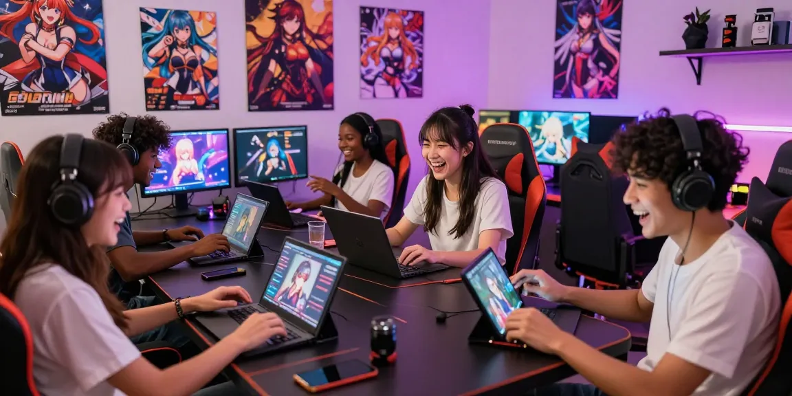 Gamers enjoying a hentai game in a cozy gaming room setting, showcasing devices and vibrant character art.