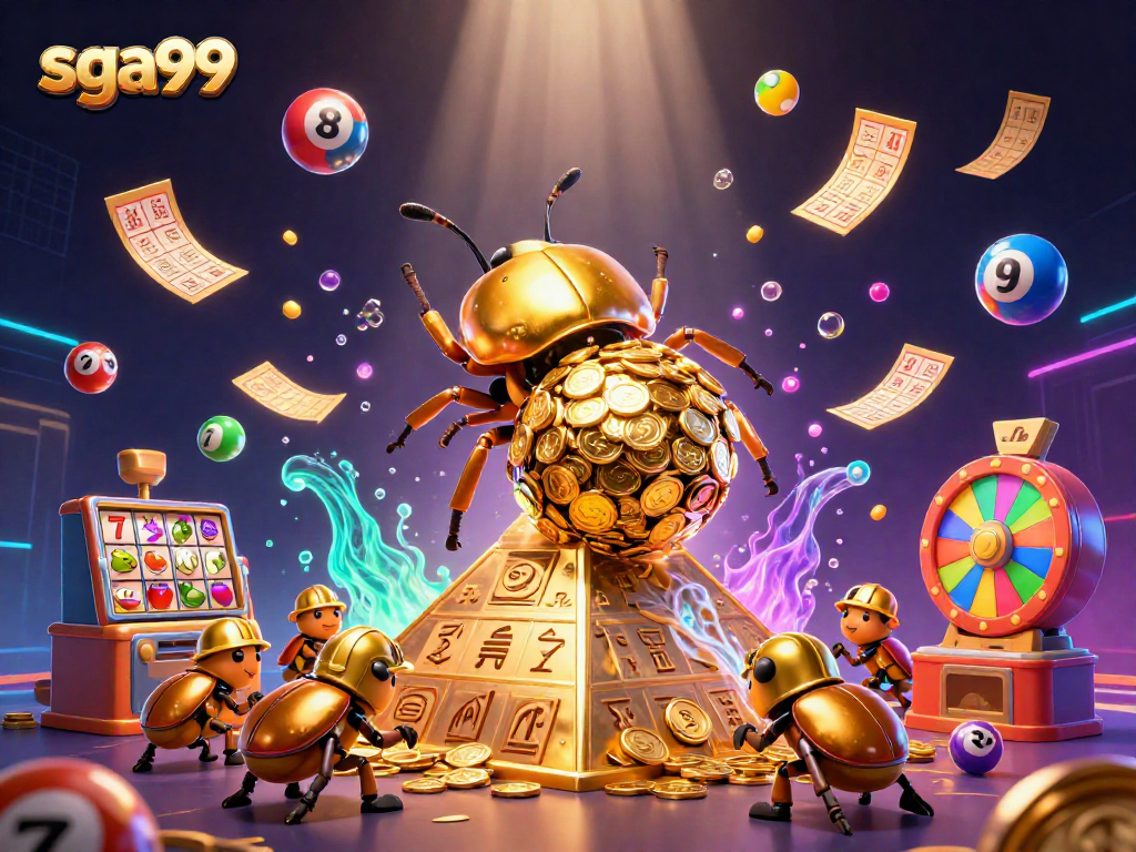 Engage with sga99 as golden beetles roll coins, surrounded by lottery and casino symbols.