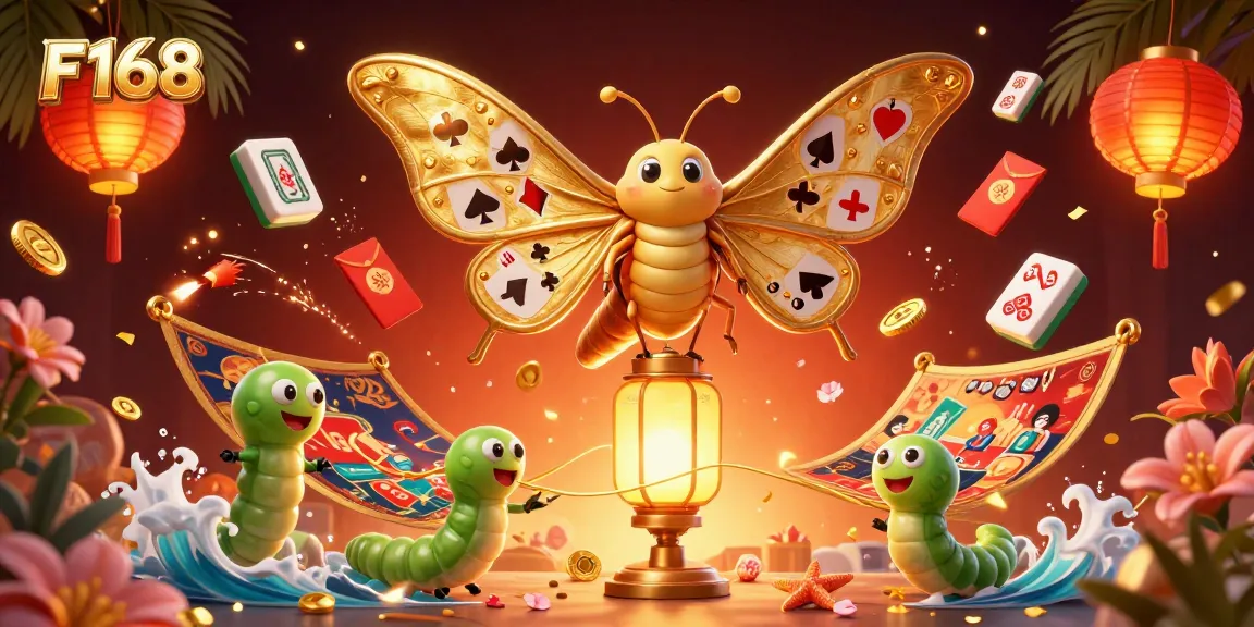 Engage with F168's dynamic casino illustration featuring vibrant gaming elements and a golden moth.