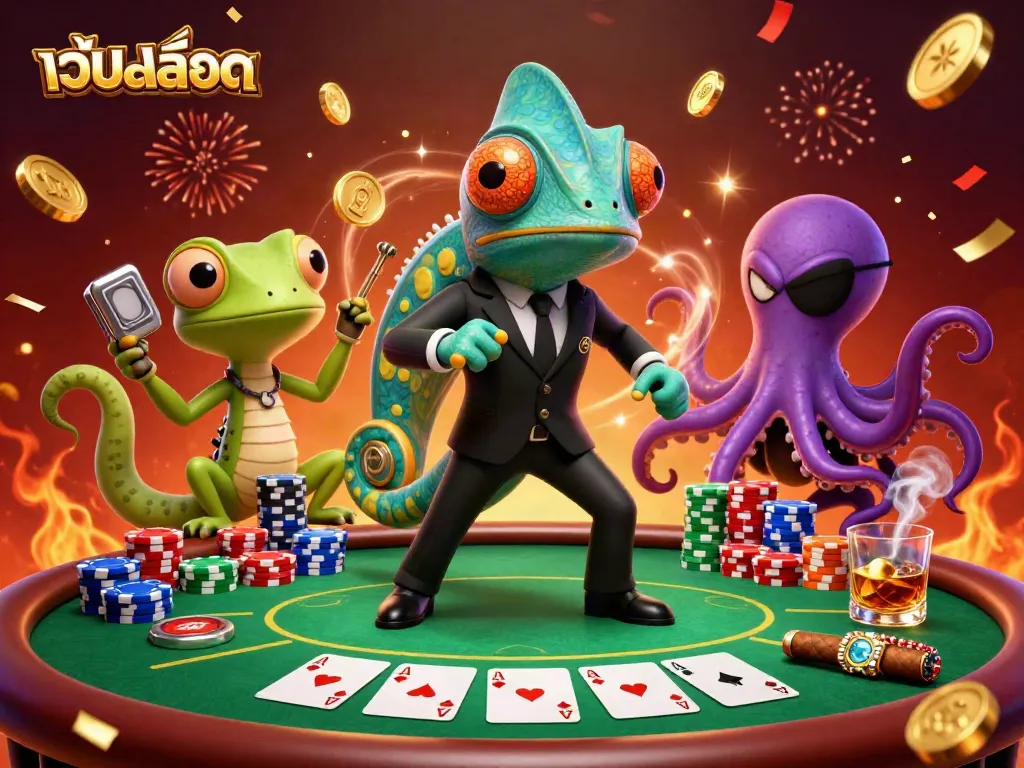 เล่นเกม เว็บสล็อต พร้อมตัวละครสนุกในบรรยากาศคาสิโนที่มีชิปและโต๊ะโป๊กเกอร์