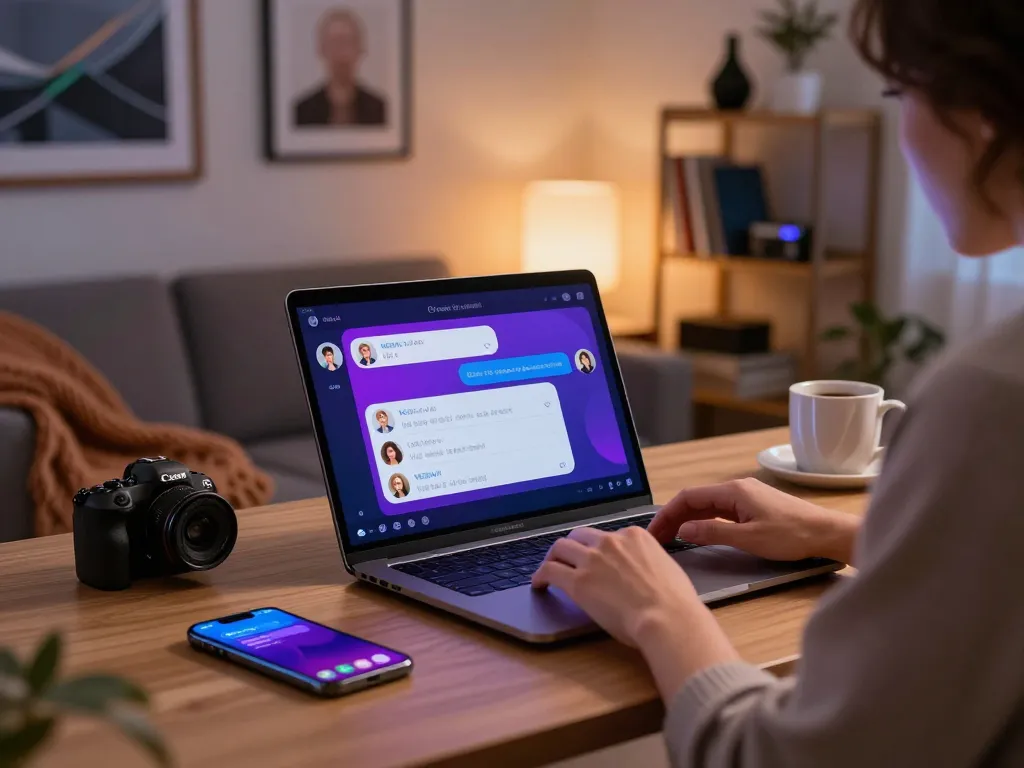 Adult user engaging with 18+ ai chatbot in a cozy modern lounge, showcasing dynamic chat interface and vibrant avatars.