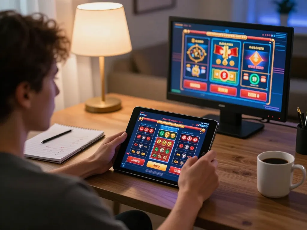 Engaging gameplay on Canadian online casinos with a vibrant tablet screen and strategic notes.